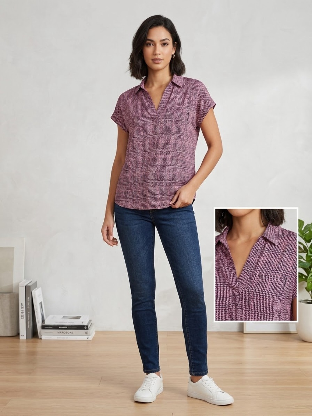 NWT Pleione pink and navy Short Sleeve Collared V-Neck Blouse size xl